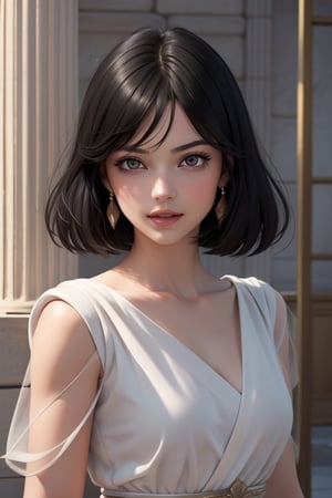 An incredibly beautiful young femme fatale with blackberry eyes, straight black hair, a square haircut, dressed in a long ancient Greek chiton. Masterpiece, perfect image, realistic shots, detailed study of faces, full-length image, 8k, detailed image. extremely detailed illustration, a real masterpiece of the highest quality, with careful drawing. Full-length image. greek clothes., mature woman, ,sailor saturn,tiara