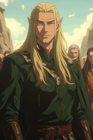 An anime-style photo of Lee Pace, which depicts him in his iconic role as the elf King Thranduil. He has very long blond hair and an arrogant expression on his face. The clothes should be decorated with classic elven green patterns, and should be a elvian crown. The background should be slightly blurred to emphasize Lee Pace's athletic physique and the smooth movements of his elven clothes. The lighting should emphasize the sharpness of his anime-style facial features and the energetic, dynamic environment around him, giving the image a spectacular, action-packed look of Niji's journey.