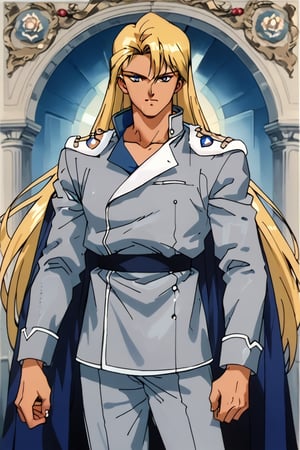 (Beatiful, masterpiece, aesthetic). Anime muscle man. long platinum hair. Light blue eyes. grey military clothes, silver armor with gold decorations. (Anime Character) (Dark enviroment). He is holding the hand of an incredibly beautiful young femme fatal golden-haired blonde with blue eyes, long golden hair, in a light golden dress. Kunzite,Malachite,SMV4,score_9,score_8_up,score_7_up,rating_explicit,aavenus, long hair, (Aesthetic dark image), femme fatale