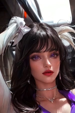 An incredibly beautiful young femme fatale is a brunette with purple eyes, she has a red dress, long straight black hair, long bangs.  Masterpiece, detailed study of the face, beautiful face, beautiful facial features, perfect image, realistic shots, detailed study of faces, full-length image, 8k, detailed image, extremely detailed illustration, a real masterpiece of the highest quality, with careful drawing. masterpiece, WOWAI, belle (PnMakeEnh),Black haired beauty,sailor mars