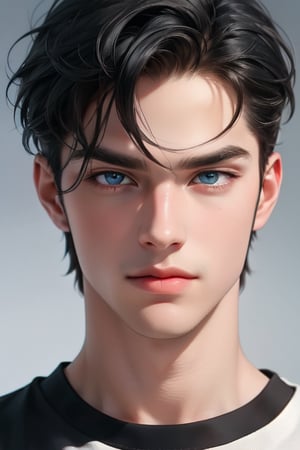 A tall, handsome, athletic, statuesque, courageous young man with very long black hair gathered in a tight knot at the back of his head, with blue eyes, long straight black hair, dressed in a black T-shirt and white jeans. Masterpiece, detailed study of the face, beautiful face, beautiful facial features, perfect image, realistic shots, detailed study of faces, full-length image, 8k, detailed image, extremely detailed illustration, a real masterpiece of the highest quality, with careful drawing. detailed eyes, beautiful face, blue eyes, handsome male, clean-shaven face, wrenchftmfshn smooth face. smooth facial skin, no facial hair, no facial hair, wrenchftmfshn, long black hair, SailorStarFighter