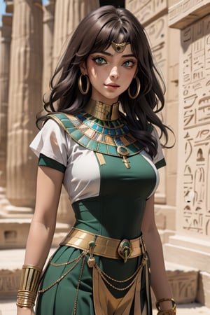 An incredibly beautiful young femme fatale with green eyes, curly chocolate hair pulled back in a ponytail, dressed in long ancient Egyptian clothes. Masterpiece, perfect image, realistic shots, detailed study of faces, full-length image, 8k, detailed image. extremely detailed illustration, a real masterpiece of the highest quality, with careful drawing. Full-length image. greek clothes. sailor jupiter. mature woman, egypt, egyptian, mature woman, ancient egyptian clothes,smjupiter,sailor jupiter,EPsmSailorJupiter