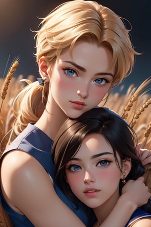 A tall, handsome young man with dark hair, blue eyes, long black hair tied in a ponytail at the back of his head, he hugs a very beautiful young blonde woman with very short wheat-colored hair. Masterpiece, detailed study of the face, beautiful face, beautiful facial features, perfect image, realistic shots, detailed study of faces, full-length image, 8k, detailed image. an extremely detailed illustration, a real masterpiece of the highest quality, with careful drawing.,SailorStarFighter,sailor uranus