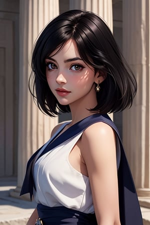 An incredibly beautiful young femme fatale with blackberry eyes, straight black hair, a square haircut, dressed in a long ancient Greek chiton. Masterpiece, perfect image, realistic shots, detailed study of faces, full-length image, 8k, detailed image. extremely detailed illustration, a real masterpiece of the highest quality, with careful drawing. Full-length image. greek clothes., mature woman, ,sailor saturn, tiara