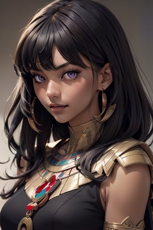 An incredibly beautiful young femme fatale brunette, with long bangs, purple eyes, long black hair, dressed in long ancient Egyptian clothes. Masterpiece, perfect image, realistic shots, detailed study of faces, full-length image, 8k, detailed image. extremely detailed illustration, a real masterpiece of the highest quality, with careful drawing. Full-length image. greek clothes.,sailor mars. mature woman, egypt, egyptian, mature woman, ancient egyptian clothes, sama1,SMMars