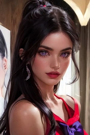 An incredibly beautiful young femme fatale is a brunette with purple eyes, she has a red dress, long straight black hair, long bangs.  Masterpiece, detailed study of the face, beautiful face, beautiful facial features, perfect image, realistic shots, detailed study of faces, full-length image, 8k, detailed image, extremely detailed illustration, a real masterpiece of the highest quality, with careful drawing. masterpiece, WOWAI, belle (PnMakeEnh),Black haired beauty,sailor mars