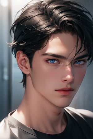 A tall, handsome, athletic, statuesque, courageous young man with very long black hair gathered in a tight knot at the back of his head, with blue eyes, long straight black hair, dressed in a black T-shirt and white jeans. Masterpiece, detailed study of the face, beautiful face, beautiful facial features, perfect image, realistic shots, detailed study of faces, full-length image, 8k, detailed image, extremely detailed illustration, a real masterpiece of the highest quality, with careful drawing. detailed eyes, beautiful face, blue eyes, handsome male, clean-shaven face, wrenchftmfshn smooth face. smooth facial skin, no facial hair, no facial hair, wrenchftmfshn, long black hair, SailorStarFighter