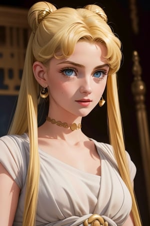 An incredibly beautiful young femme fatale is a golden-haired blonde with blue eyes, two bunches on her head and two long golden tails, dressed in an ancient Greek chiton. Masterpiece, perfect image, realistic shots, detailed study of faces, full-length image, 8k, detailed image. extremely detailed illustration, a real masterpiece of the highest quality, with careful drawing. Full-length image,greek clothes, aausagi, serena tsukino
