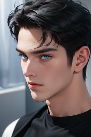 A tall, handsome, athletic, statuesque, courageous young man with very long black hair gathered in a tight knot at the back of his head, with blue eyes, long straight black hair, dressed in a black T-shirt and white jeans. Masterpiece, detailed study of the face, beautiful face, beautiful facial features, perfect image, realistic shots, detailed study of faces, full-length image, 8k, detailed image, extremely detailed illustration, a real masterpiece of the highest quality, with careful drawing. detailed eyes, beautiful face, blue eyes, handsome male, clean-shaven face, wrenchftmfshn smooth face. smooth facial skin, no facial hair, no facial hair, wrenchftmfshn, long black hair, SailorStarFighter