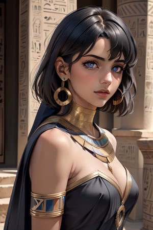 An incredibly beautiful young femme fatale brunette, with long bangs, blue eyes, short black hair, dressed in long ancient Egyptian clothes. Masterpiece, perfect image, realistic shots, detailed study of faces, full-length image, 8k, detailed image. extremely detailed illustration, a real masterpiece of the highest quality, with careful drawing. Full-length image. greek clothes.,mer1, mature woman, egypt, egyptian, mature woman, ancient egyptian clothes,