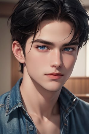 A tall, handsome, masculine young man with a strong build, black-haired brunette, long straight black hair, blue eyes. Low-rise jeans. The podium. Masterpiece, detailed study of the face, beautiful face, beautiful facial features, perfect image, realistic shots, detailed study of faces, full-length image, 8k, detailed image. an extremely detailed illustration, a real masterpiece of the highest quality, with careful drawing.,SailorStarFighter