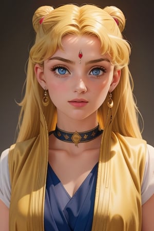 An incredibly beautiful young femme fatale is a golden-haired blonde with blue eyes, two bunches on her head and two long golden tails, dressed in an ancient Greek chiton. Masterpiece, perfect image, realistic shots, detailed study of faces, full-length image, 8k, detailed image. extremely detailed illustration, a real masterpiece of the highest quality, with careful drawing. Full-length image,greek clothes, aausagi, serena tsukino