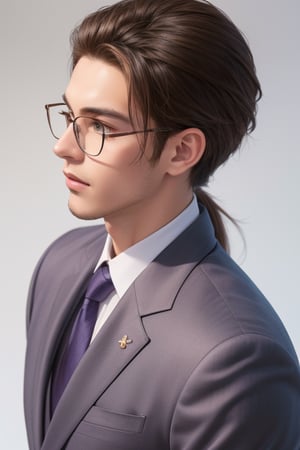 A tall, handsome, handsome young man with brown hair, he has long chocolate-colored hair gathered in a tight low ponytail on the back of his head and combed back, glasses, lilac eyes, he is dressed in a suit. Masterpiece, beautiful face, perfect image, realistic photos, 8k, detailed image, extremely detailed illustration, a real masterpiece of the highest quality, with careful drawing. SailorStarMaker, low ponytail on the back of the head, hair combed back.,