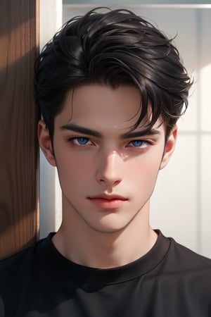 A tall, handsome, athletic, statuesque, courageous young man with very long black hair gathered in a tight knot at the back of his head, with blue eyes, long straight black hair, dressed in a black T-shirt and white jeans. Masterpiece, detailed study of the face, beautiful face, beautiful facial features, perfect image, realistic shots, detailed study of faces, full-length image, 8k, detailed image, extremely detailed illustration, a real masterpiece of the highest quality, with careful drawing. detailed eyes, beautiful face, blue eyes, handsome male, clean-shaven face, wrenchftmfshn smooth face. smooth facial skin, no facial hair, no facial hair, wrenchftmfshn, long black hair, SailorStarFighter