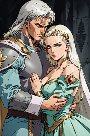 (Beatiful, masterpiece, aesthetic). Anime muscle man. long platinum hair. Light blue eyes. grey military clothes, silver armor with gold decorations. (Anime Character) (Dark enviroment). he is holding the hand of an incredibly beautiful young cancer woman-a blonde with blue eyes, long golden hair, she is wearing a light golden dress, she is a princess. They're in love. Kunzite,Malachite,SMV4,score_9,score_8_up,score_7_up,rating_explicit,aavenus, long hair, (Aesthetic dark image), femme fatale, Couple poses,