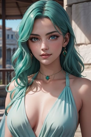 An incredibly beautiful young femme fatale with aquamarine eyes, long curly aquamarine hair, dressed in a long ancient Greek chiton. Masterpiece, perfect image, realistic shots, detailed study of faces, full-length image, 8k, detailed image. extremely detailed illustration, a real masterpiece of the highest quality, with careful drawing. Full-length image. greek clothes.,sailor neptune, mature woman