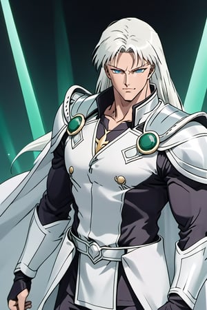 (Beatiful, masterpiece, aesthetic). Anime muscle man.long straight platinum hair below the shoulders. Light blue eyes. grey military clothes, silver armor with gold decorations. (Anime Character) (Dark enviroment).Kunzite,Malachite,SMV4,score_9,score_8_up,score_7_up,rating_explicit, (Aesthetic dark image), long straight platinum hair below the shoulders,MALE,  full-length image,Handsome male