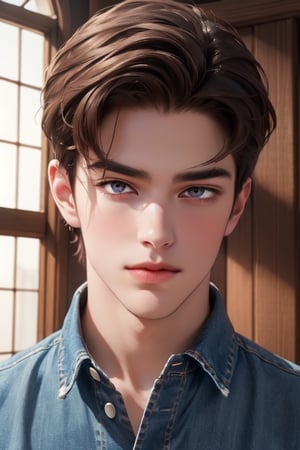A tall, handsome, courageous young man with a strong build, brown hair, long brown hair, violet eyes. Low-rise jeans. The podium. Masterpiece, detailed study of the face, beautiful face, beautiful facial features, perfect image, realistic shots, detailed study of faces, full-length image, 8k, detailed image. an extremely detailed illustration, a real masterpiece of the highest quality, with careful drawing.,SailorStarMaker
