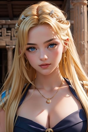 An incredibly beautiful young femme fatale is a golden-haired blonde with blue eyes, two bunches on her head and two long golden tails, dressed in an ancient Greek chiton. Masterpiece, perfect image, realistic shots, detailed study of faces, full-length image, 8k, detailed image. extremely detailed illustration, a real masterpiece of the highest quality, with careful drawing. Full-length image,greek clothes,aausagi