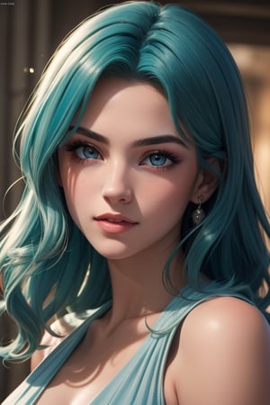 An incredibly beautiful young femme fatale with aquamarine eyes, long curly aquamarine hair, dressed in a long ancient Greek chiton. Masterpiece, perfect image, realistic shots, detailed study of faces, full-length image, 8k, detailed image. extremely detailed illustration, a real masterpiece of the highest quality, with careful drawing. Full-length image. greek clothes.,sailor neptune