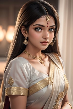 An incredibly beautiful young femme fatale is a golden-haired blonde with two bunches on her head and two long tails, blue-eyed, dressed in a traditional white saree. Masterpiece, perfect image, realistic shots, detailed study of the face, full-length image, 8k, detailed image. extremely detailed illustration, a real masterpiece of the highest quality, with careful drawing. ,sailor moon,indian,serena tsukino,Indian dress,sari,aausagi,Saree