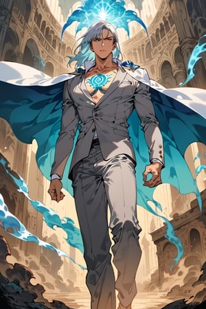 8k, sophisticated, elegant, highly detailed, majestic, digital photography, surreal painting, magic, magic, fairy tale, (Masterpiece, side light), hdr, (Bright blue eyes), he is wearing gray regimentals, a cape is attached to his shoulders, tanned skin is slightly visible, (a tattoo glowing with bluish light), tall, attractive adult male, long beautiful straight platinum hair. below the shoulders, long bangs, slanted eyes. athletic physique, beautiful proportional male figure, tanned skin, handsome man in front of the camera - just a masterpiece. realistic. full-length image. Long platinum hair below the shoulders. grey clothes. a well-built male body. an ancient fantasy-style palace. A fantasy world. The man is a fantasy warrior. ,score_9,score_7_up,rating_explicit,Kunzite,score_8_up,Malachite,SMV4