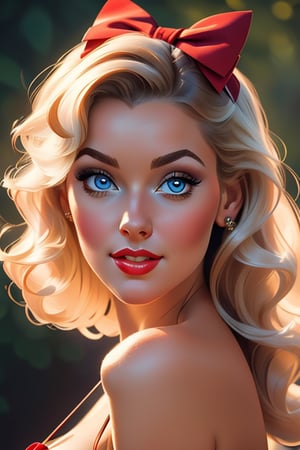 an incredibly beautiful young femme fatale-blonde with blue eyes, long golden hair gathered in a high hairstyle, a red bow on her hair, she has long bangs, dressed in a pin-up style, a romantic image.  Masterpiece, beautiful face, beautiful facial features, perfect image, realistic photos, full-length image, 8k, detailed image, extremely detailed illustration, a real masterpiece of the highest quality, with careful drawing. glow. In full growth. ,beautypinupart, PinUp