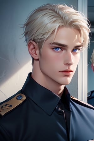 The picture shows two young men standing next to each other: the first man (tall, handsome, athletic, handsome, young man, platinum blond with blue eyes, he is dressed in a policeman's uniform, he has tanned skin, long straight platinum hair, blue eyes), the second man (young, handsome, athletic, handsome, a man, platinum blonde with violet eyes, long bangs, dressed in a policeman's uniform). Masterpiece, detailed study of the face, beautiful face, beautiful facial features, perfect image, realistic shots, detailed study of faces, full-length image, 8k, detailed image, extremely detailed illustration, a real masterpiece of the highest quality, with careful drawing. drawing.,Maxalexanderschmidt,wrenchftmfshn,AssaMaleEivor,1man,black-color