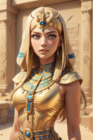 An incredibly beautiful young femme fatale is a golden-haired blonde with blue eyes, long golden hair and long bangs, dressed in long ancient Egyptian clothes. Masterpiece, perfect image, realistic shots, detailed study of faces, full-length image, 8k, detailed image. extremely detailed illustration, a real masterpiece of the highest quality, with careful drawing. Full-length image. mature woman, egypt, egyptian, mature woman,, ancient egyptian clothes,