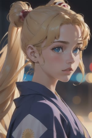 An incredibly beautiful young femme fatale is a golden-haired blonde with two bunches on her head and two long tails, blue eyes, dressed in a traditional white yukata kimono. Masterpiece, perfect image, realistic shots, detailed study of the face, full-length image, 8k, detailed image. extremely detailed illustration, a real masterpiece of the highest quality, with careful drawing. aausagi