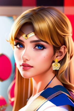 An incredibly beautiful young femme fatale is a golden-haired blonde with two bunches on her head and two long tails, blue-eyed, dressed in a traditional white saree. Masterpiece, perfect image, realistic shots, detailed study of the face, full-length image, 8k, detailed image. extremely detailed illustration, a real masterpiece of the highest quality, with careful drawing. ,sailor moon,indian,serena tsukino,Indian dress,sari,aausagi