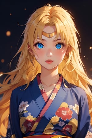 An incredibly beautiful young femme fatale is a golden-haired blonde with long hair and blue eyes, dressed in traditional kimono. Masterpiece, perfect image, realistic shots, detailed study of the face, full-length image, 8k, detailed image. extremely detailed illustration, a real masterpiece of the highest quality, with careful drawing.,1woman,blonde hair,blue eyes, kimono, ,aausagi