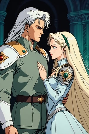 (Beatiful, masterpiece, aesthetic). Anime muscle man. long platinum hair. Light blue eyes. grey military clothes, silver armor with gold decorations. (Anime Character) (Dark enviroment). he is holding the hand of an incredibly beautiful young cancer woman-a blonde with blue eyes, long golden hair, she is wearing a light golden dress, she is a princess. They're in love. Kunzite,Malachite,SMV4,score_9,score_8_up,score_7_up,rating_explicit,aavenus, long hair, (Aesthetic dark image), femme fatale, Couple poses,