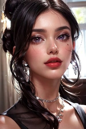 an incredibly beautiful young femme fatale is a brunette with garnet eyes, she has a marsala-colored dress, straight long black hair, long bangs, one bun on top of her head.  Masterpiece, detailed study of the face, beautiful face, beautiful facial features, perfect image, realistic shots, detailed study of faces, full-length image, 8k, detailed image, extremely detailed illustration, a real masterpiece of the highest quality, with careful drawing.  masterpiece, WOWAI, belle (PnMakeEnh),Black haired beauty, (PnMakeEnh)
