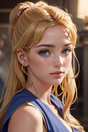 An incredibly beautiful young femme fatale is a golden-haired blonde with blue eyes, two bunches on her head and two long golden tails, dressed in an ancient Greek chiton. Masterpiece, perfect image, realistic shots, detailed study of faces, full-length image, 8k, detailed image. extremely detailed illustration, a real masterpiece of the highest quality, with careful drawing. Full-length image,greek clothes,aausagi