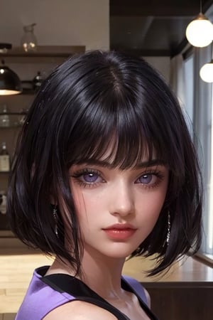 an incredibly beautiful young femme fatale is a brunette with lilac eyes, she has a lilac dress, straight black hair in a square, long bangs.  Masterpiece, detailed study of the face, beautiful face, beautiful facial features, perfect image, realistic shots, detailed study of faces, full-length image, 8k, detailed image, extremely detailed illustration, a real masterpiece of the highest quality, with careful drawing.masterpiece, WOWAI, belle (PnMakeEnh),Black haired beauty,sailor saturn