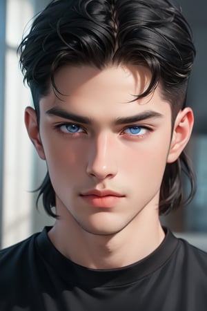 A tall, handsome, athletic, statuesque, courageous young man with very long black hair gathered in a tight knot at the back of his head, with blue eyes, long straight black hair, dressed in a black T-shirt and white jeans. Masterpiece, detailed study of the face, beautiful face, beautiful facial features, perfect image, realistic shots, detailed study of faces, full-length image, 8k, detailed image, extremely detailed illustration, a real masterpiece of the highest quality, with careful drawing. detailed eyes, beautiful face, blue eyes, handsome male, clean-shaven face, wrenchftmfshn smooth face. smooth facial skin, no facial hair, no facial hair, wrenchftmfshn, long black hair, SailorStarFighter