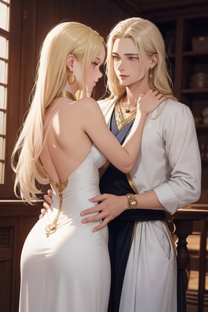 A tall, statuesque, handsome, athletic young men, he is dressed in royal oriental white clothes, he has tanned skin, long straight white hair he hughs an incredibly beautiful femme fatale young woman, golden-haired blonde with blue eyes, long golden hair gathered in a high beautiful hairstyle, she is dressed in a beautiful luxurious white long dress in oriental style with open shoulders, which perfectly fits her slender beautiful figure, emphasizes a thin waist and rounded hips, deep neckline, long on a thin sparkling gold. There is a jewelry chain around her neck, and long gold earrings in her ears. They are in love with each other, they look at each other with love. They are happy. Masterpiece, perfect drawing, realistic drawing, detailed elaboration, 8k. full-length image, realistic image, detailed image. an extremely detailed illustration, a real masterpiece of the highest quality, with careful drawing.,1boy