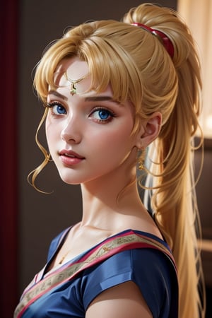 An incredibly beautiful young femme fatale is a golden-haired blonde with two bunches on her head and two long tails, blue-eyed, dressed in a traditional white saree. Masterpiece, perfect image, realistic shots, detailed study of the face, full-length image, 8k, detailed image. extremely detailed illustration, a real masterpiece of the highest quality, with careful drawing. ,sailor moon,indian,serena tsukino,Indian dress,sari,aausagi