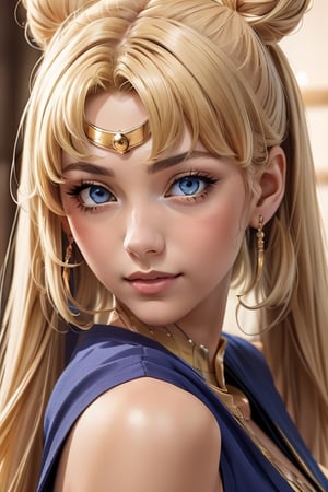 An incredibly beautiful young femme fatale is a golden-haired blonde with blue eyes, two bunches on her head and two long golden tails, dressed in an ancient Greek chiton. Masterpiece, perfect image, realistic shots, detailed study of faces, full-length image, 8k, detailed image. extremely detailed illustration, a real masterpiece of the highest quality, with careful drawing. Full-length image, aausagi,serena tsukino mature woman, egypt, egyptian, mature woman, ancient egyptian clothes, double bun, twintails