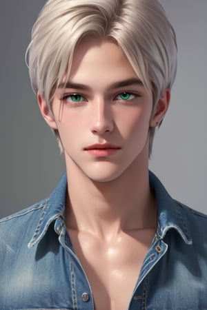 A tall, handsome, masculine young man of slim build, platinum blond, long straight platinum hair, emerald eyes, slender body. Low-rise jeans. The podium. Masterpiece, detailed study of the face, beautiful face, beautiful facial features, perfect image, realistic shots, detailed study of faces, full-length image, 8k, detailed image. an extremely detailed illustration, a real masterpiece of the highest quality, with careful drawing.,1boy full-length image.,yaten