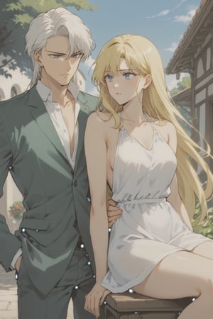 beautiful drawing,tall, statuesque,courageous,athletic,handsome man with long straight white hair below the shoulders,long bangs,bright blue eyes,dressed in a business suit,he is dissatisfied,stands with his back to an incredibly beautiful fatal young blonde girl with long straight golden hair,blue eyes,beautiful facial features,dressed in a light summer dress, she flirts with him, stands with her back to him.summer, sunshine,beautiful house,love at first sight
 score_9, score_8,score_7,rating_explicit, (Aesthetic romantic image)score_9,score_7_up,rating_explicit, score_8_up, SMV4,Malachite,Kunzite,1male,1woman, hetero couple