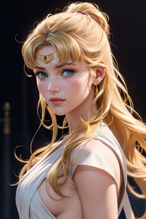 An incredibly beautiful young femme fatale is a golden-haired blonde with blue eyes, two bunches on her head and two long golden tails, dressed in an ancient Greek chiton. Masterpiece, perfect image, realistic shots, detailed study of faces, full-length image, 8k, detailed image. extremely detailed illustration, a real masterpiece of the highest quality, with careful drawing. Full-length image,greek clothes,aausagi