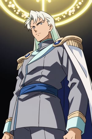 (Beatiful, masterpiece, aesthetic). Anime muscle man.long straight platinum hair below the shoulders. Light blue eyes. grey military clothes, silver armor with gold decorations. (Anime Character) (Dark enviroment).Kunzite,Malachite,SMV4,score_9,score_8_up,score_7_up,rating_explicit, (Aesthetic dark image), long straight platinum hair below the shoulders,MALE