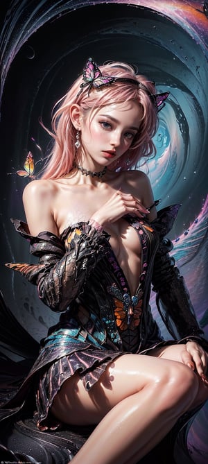 extreme detailed, (masterpiece), (top quality), (best quality), (official art), (beautiful and aesthetic:1.2), (stylish pose), (1 woman), (fractal art: 1.3), (colorful), (black, orange, A whimsical portrait captures the serenity of a petite girl's face, her eyes closed in reverie as a butterfly gently settles on her cheek. Soft pink clouds dissolve into a fantastical landscape behind her. The vortex of her dreamworld swirls with darkness and colors, transporting the viewer to a mystical realm theme: 1.5), full body, 1girl, slim body, petite, skinny, very long hair, wave hair, looking at viewer, 