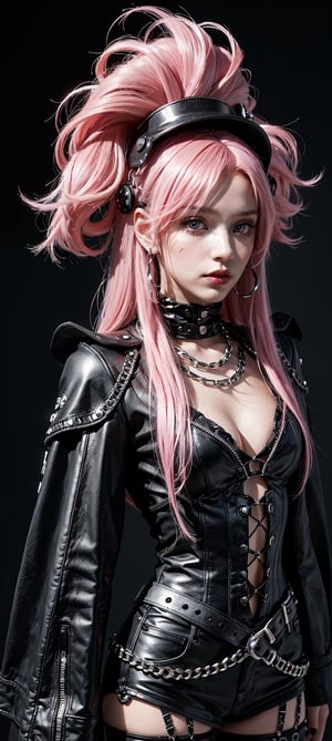 a vibrant pink haired female doll stands against a stark black backdrop. She is dressed in a black leather outfit adorned with a black helmet, adorned with silver skulls and chains. Her hair cascades over her shoulders, adding a pop of color to her outfit. Her eyes are adorned with black paint, adding contrast to her features. Realism