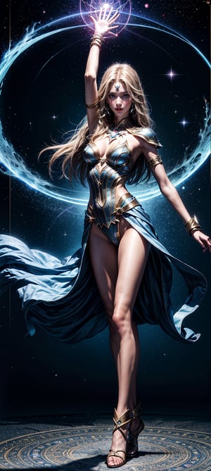 Generate a super exquisite image of a magical female warrior (supermodel). She stands on the magic circle of a six-pointed star, with her hands raised to cast strong magic, space background, magic special effects, light particles,better_hands,girlvn,realhands 