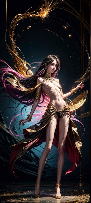  A masterpiece of beauty and aesthetics, a stunning full-body portrait of a petite, slender girl with long hair, posing stylishly while gazing directly at the viewer. Set against a vibrant backdrop of a mystical cave theme, the artwork bursts with colorful hues of black, pink, and gold. The subject's skin appears radiant under soft, golden lighting, as if illuminated by an otherworldly force. In the foreground, swirling drops of light seem to be drawn into a mesmerizing vortex, further emphasizing the fantastical atmosphere. This official art piece is a testament to top-quality craftsmanship, with every detail meticulously rendered in best quality. 