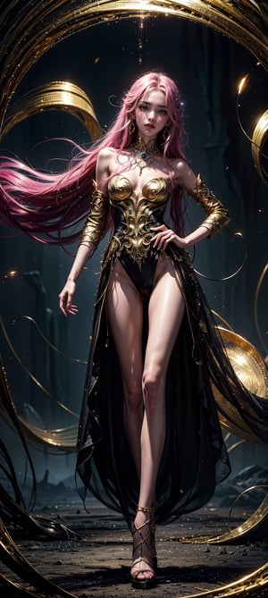  A masterpiece of beauty and aesthetics, a stunning full-body portrait of a petite, slender girl with long hair, posing stylishly while gazing directly at the viewer. Set against a vibrant backdrop of a mystical cave theme, the artwork bursts with colorful hues of black, pink, and gold. The subject's skin appears radiant under soft, golden lighting, as if illuminated by an otherworldly force. In the foreground, swirling drops of light seem to be drawn into a mesmerizing vortex, further emphasizing the fantastical atmosphere. This official art piece is a testament to top-quality craftsmanship, with every detail meticulously rendered in best quality. 