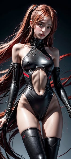 In a vivid, colorful composition, a petite, slim-bodied girl with striking features and flowing long hair strikes a stylish pose, radiating confidence. Against a stark white background, her skin-tight attire glows in contrasting shades of red and black. Her eyes lock onto the viewer, conveying an otherworldly intensity. The overall aesthetic is breathtaking, as if she's frozen in the midst of a SINGULARITY, surrounded by swirling drops of color that seem to defy gravity. 